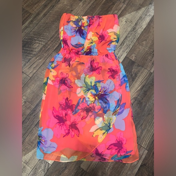 Ella Moss Hibiscus Floral Silk Strapless Dress in guava L $138 spring cocktail - Picture 2 of 10